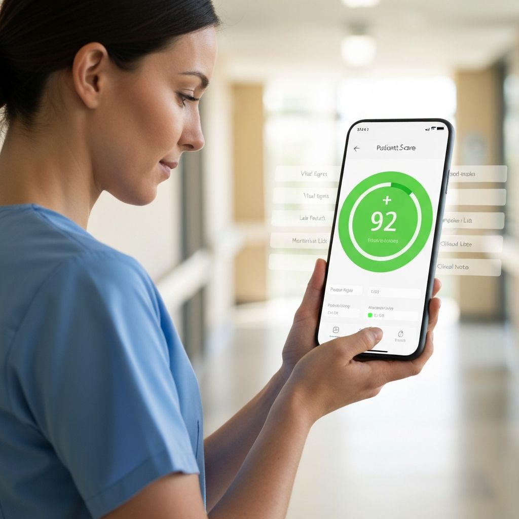 Nurse holding a phone displaying a patient risk score with a positive green indicator and clinical data inputs